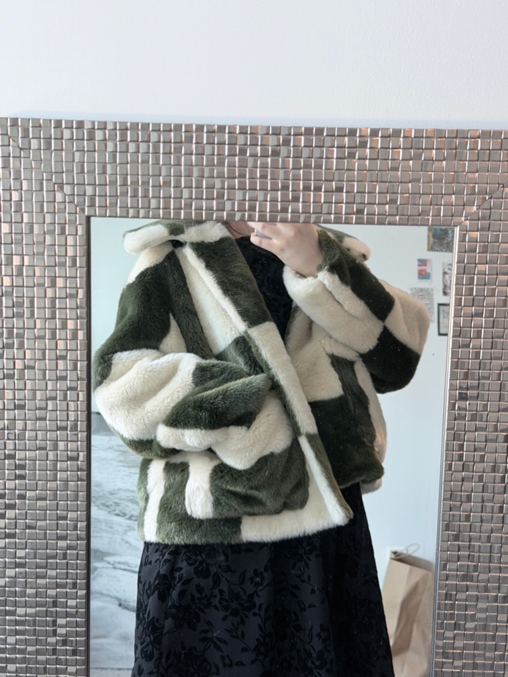 Jakke Faux Fur Checkerboard Jacket in Olive Green and Cream